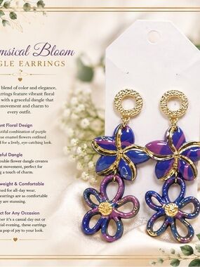 Gold-Trim Purple and Blue Floral Dangle Earrings